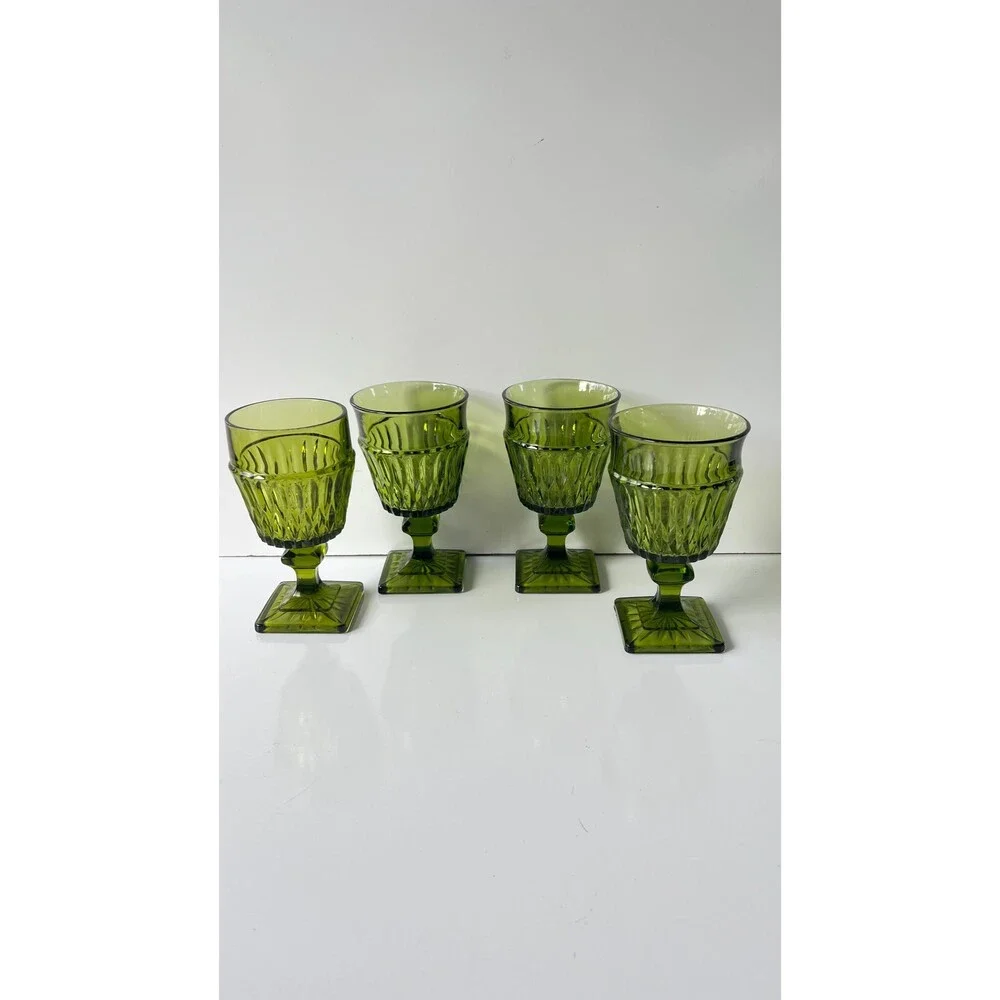 Set Of 4 Vintage Green Glass Goblets With Textured Design & Square Base